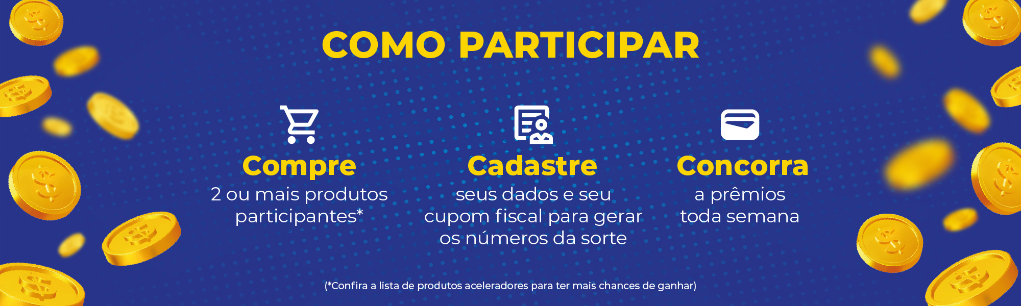 Como participar: compre os produtos participantes, cadastre seus dados e concorra a prêmios toda semana.